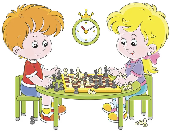 Küçük Çocuk Satranç Oyun Bir Karikatür Tarzı Resimde Vektör — Stok Vektör