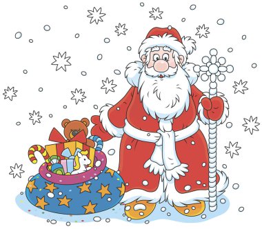 Noel Baba sihirli ve Noel hediyeleri bir torba ile