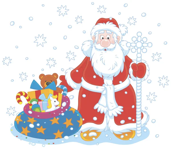 Weihnachtsmann Mit Seinem Magischen Stab Und Einer Tüte Weihnachtsgeschenke — Stockvektor