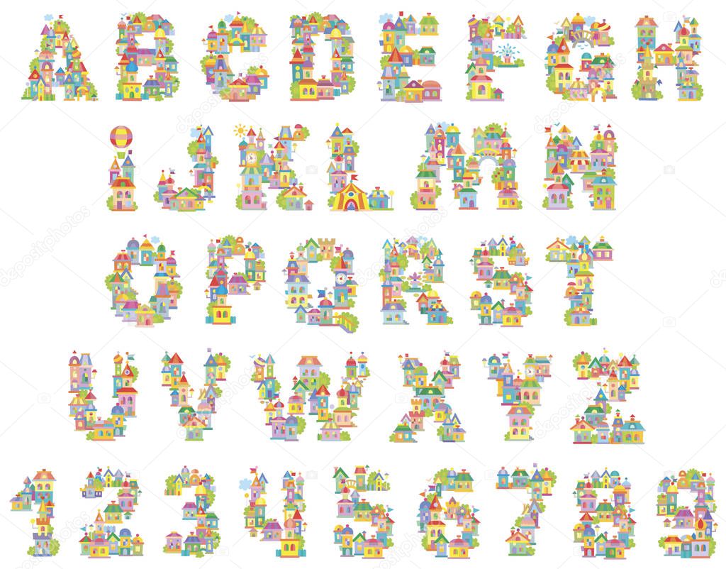 Font Toy Town. English alphabet and numerals made of colorful houses