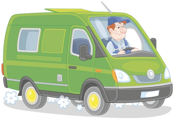 Driver His Fast Delivery Van Vector Illustration Cartoon Style — Stock Vector