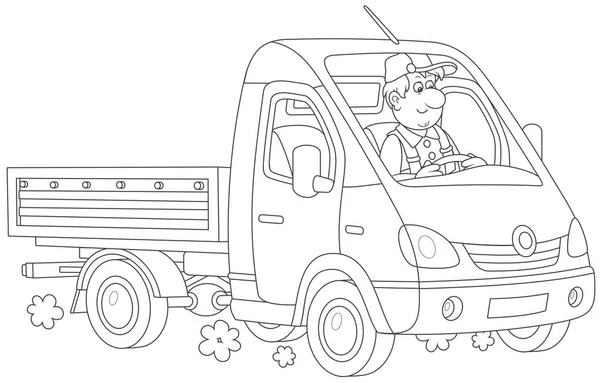 Driver His Small Fast Truck Black White Vector Illustration Cartoon — Stock Vector