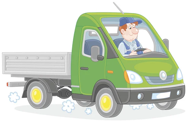 Fahrer Seinem Kleinen Grünen Lkw Vektorillustration Cartoon Stil — Stockvektor