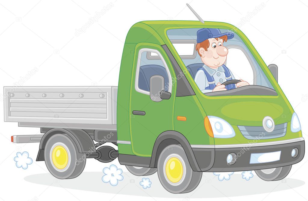Driver in his small green truck, vector illustration in a cartoon style