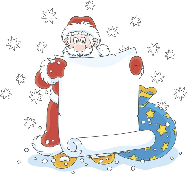 圣诞老人带纸卷轴和一袋圣诞礼物 — 图库矢量图片