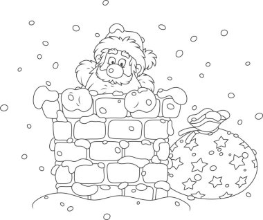 Night before Christmas, Noel Baba bir bacadan karla kaplı çatıda arıyorum. Siyah ve beyaz vektör çizim