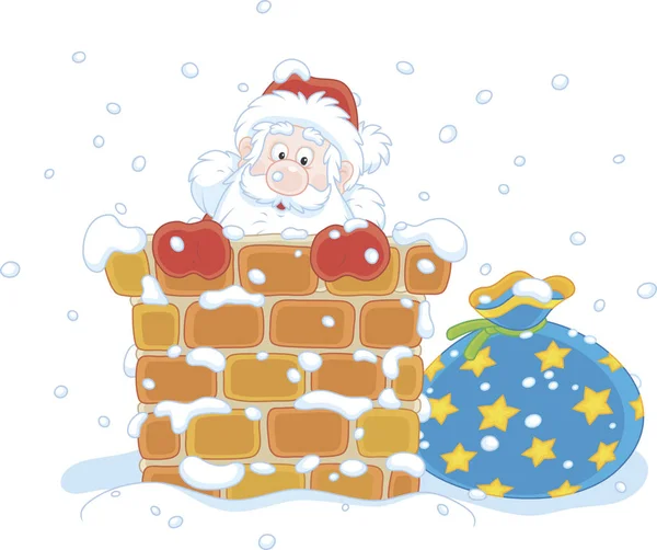 Éjszaka Karácsony Előtt Santa Claus Néz Kéményt Havas Tető — Stock Vector