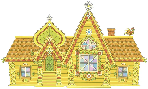 Colorfully decorated log house from a fairy tale, vector illustration in a cartoon style — Stock Illustration Colorfully Decorated Log House Fairy Tale Vector Illustration Cartoon Style Stock Vector