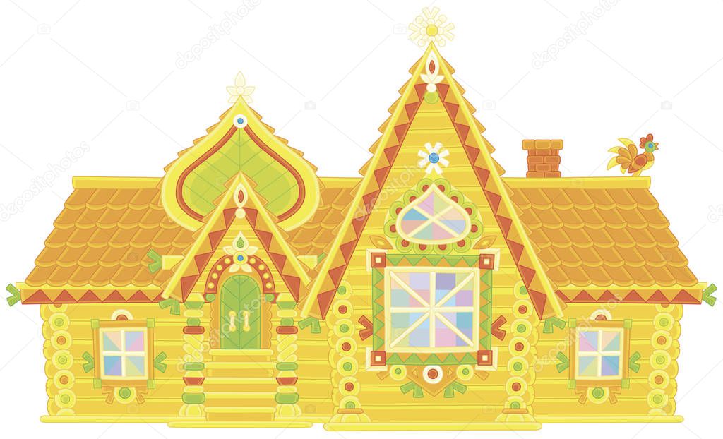 Colorfully decorated log house from a fairy tale, vector illustration in a cartoon style