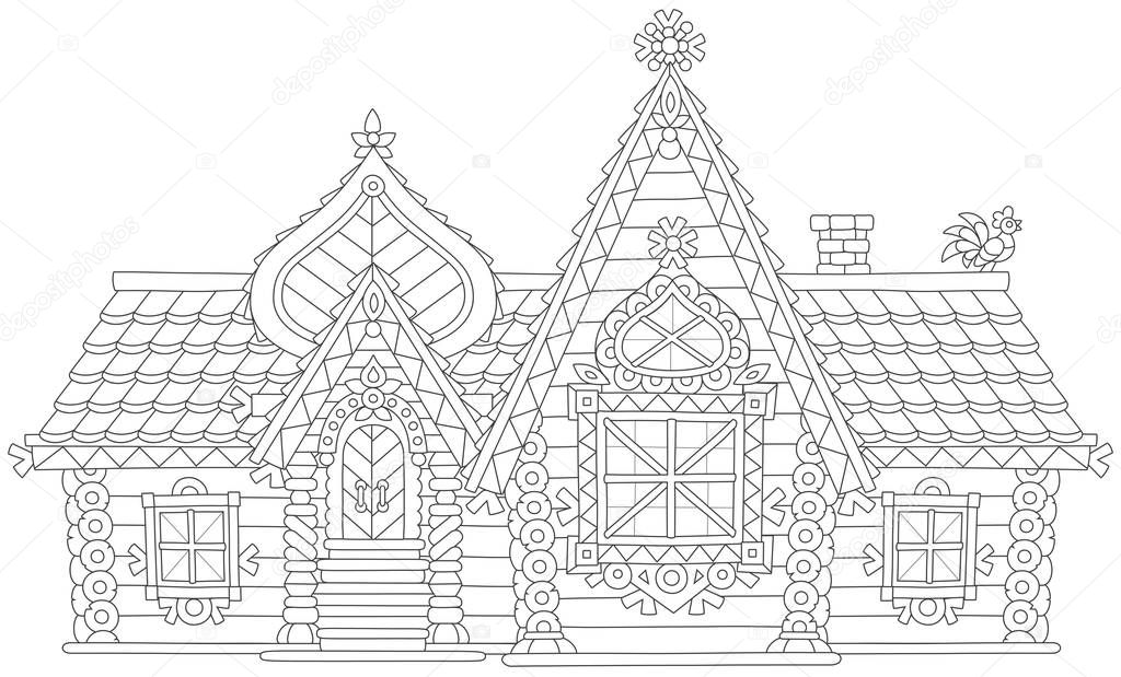 Decorated log house from a fairy tale, black and white vector illustration in a cartoon style