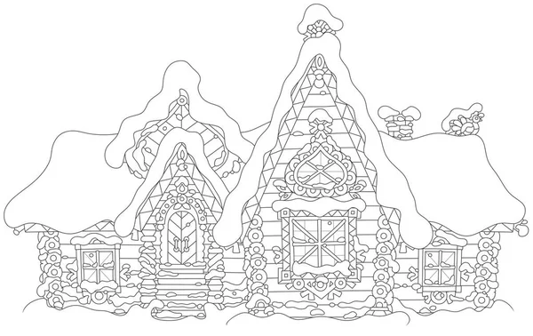 Decorated log house from a fairytale covered with snow, black and white vector illustration in a cartoon style — Stock Illustration Decorated Log House Fairytale Covered Snow Black White Vector Illustration Stock Illustration