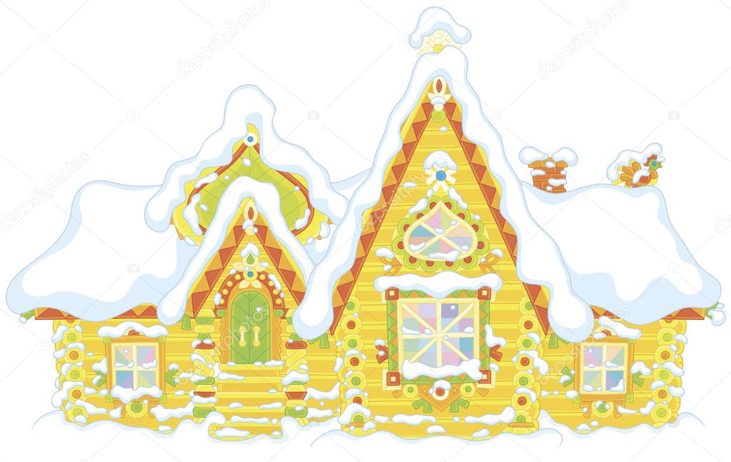 Colorfully decorated log house from a fairytale covered with snow, vector illustration in a cartoon style