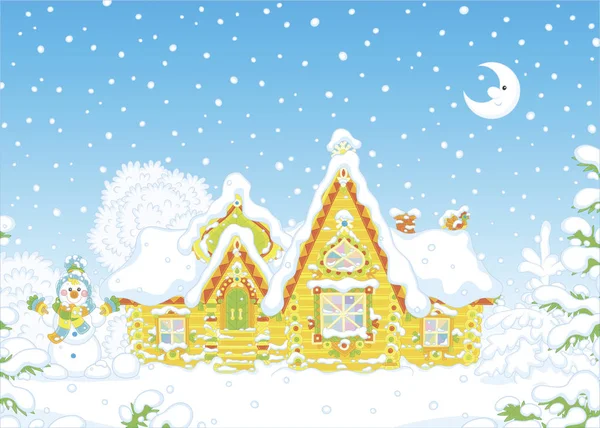 Colorfully decorated log house from a fairytale covered with snow, vector illustration in a cartoon style — Stock Illustration Colorfully Decorated Log House Fairytale Covered Snow Vector Illustration Cartoon Royalty Free Stock Illustrations