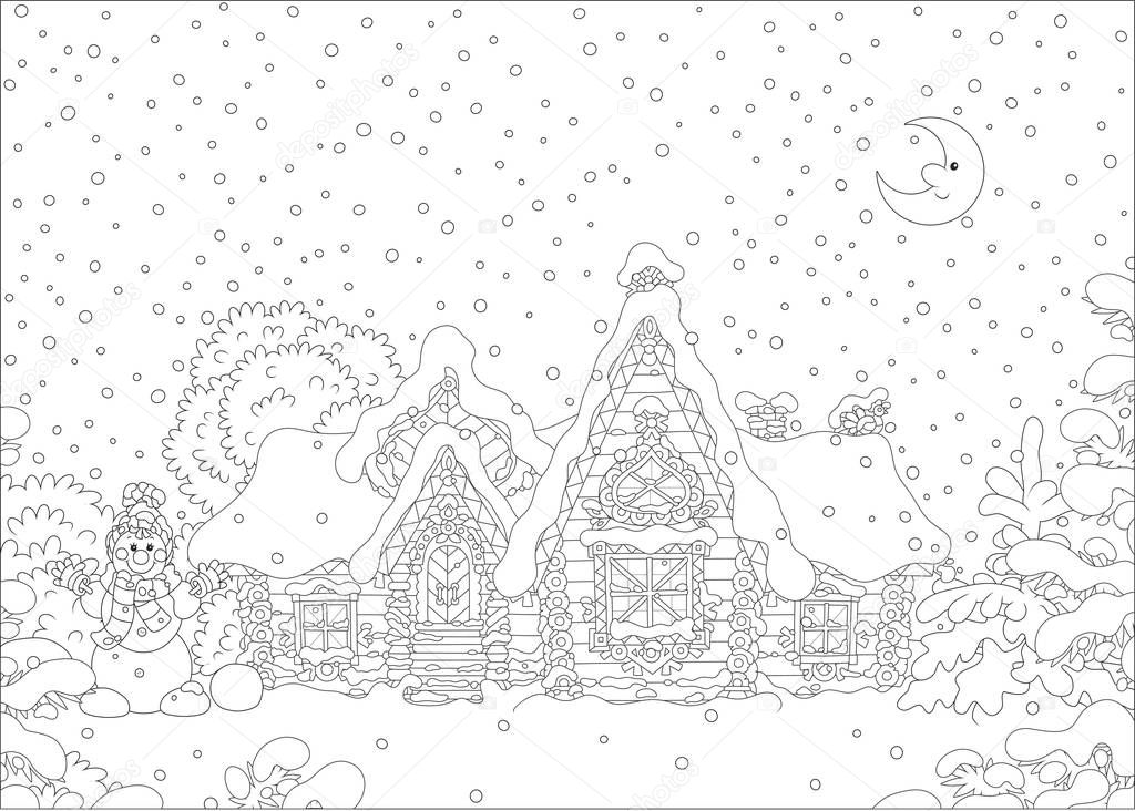 Decorated log house from a fairytale covered with snow, black and white vector illustration in a cartoon style