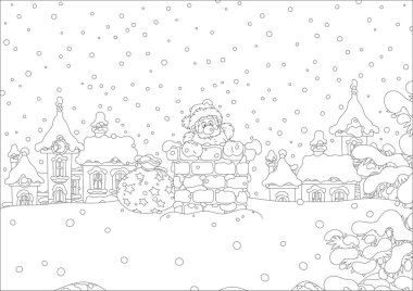 Night before Christmas, Noel Baba bir bacadan karla kaplı çatıda arıyorum. Siyah ve beyaz vektör çizim