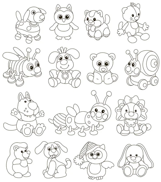 小さな子供のためのおかしいおもちゃの動物 漫画スタイルの黒と白のベクトル図のベクトル コレクション — ストックベクタ