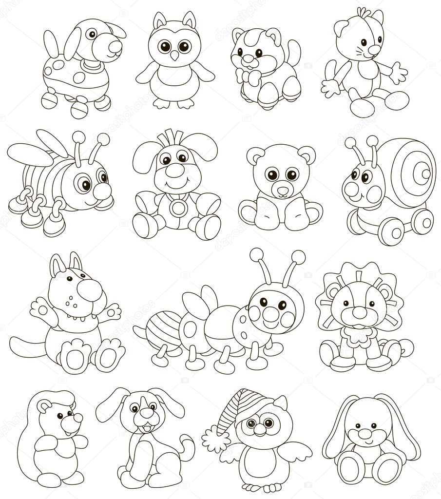 Vector collection of funny toy animals for small children, black and white vector illustrations in a cartoon style