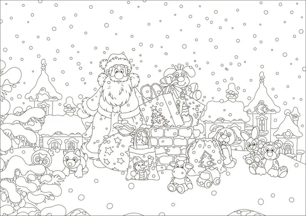 クリスマス サンタ クロース雪に覆われた屋根 黒と白の煙突の近くの彼の贈り物のベクトル イラストの前に — ストックベクタ