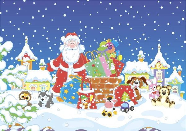 Ночь Перед Рождеством Санта Клаус Своими Подарками Возле Дымохода Заснеженной — стоковый вектор