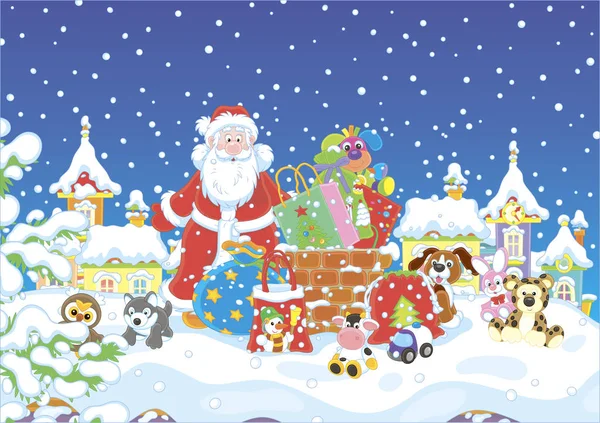 Noel, Noel Baba hediyeleri ile karla kaplı çatıda baca yakınındaki önceki gece