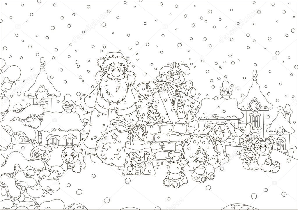 The night before Christmas, Santa Claus with his gifts near a chimney on a snow-covered roof, black and white vector illustration