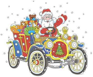 Noel Baba Noel hediyeleri ile onun araba karikatür tarzı resimde vektör