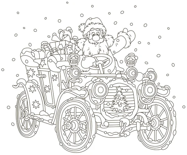 圣诞老人驾驶他的车与圣诞礼物 黑白向量例证在卡通风格的着色书 — 图库矢量图片