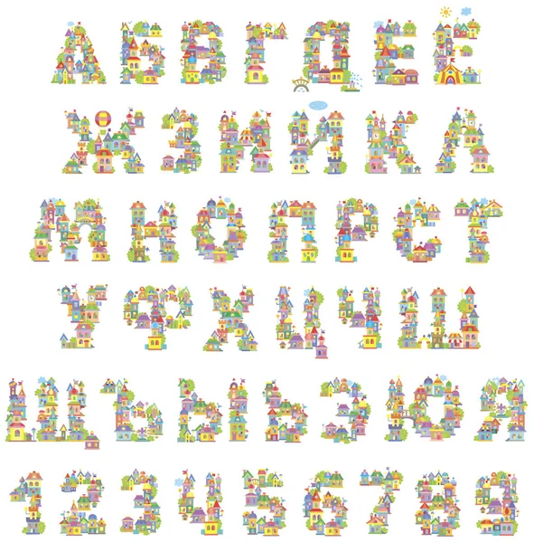 フォントのおもちゃの町 ロシア語のアルファベットと数字のカラフルな家 — ストックベクタ