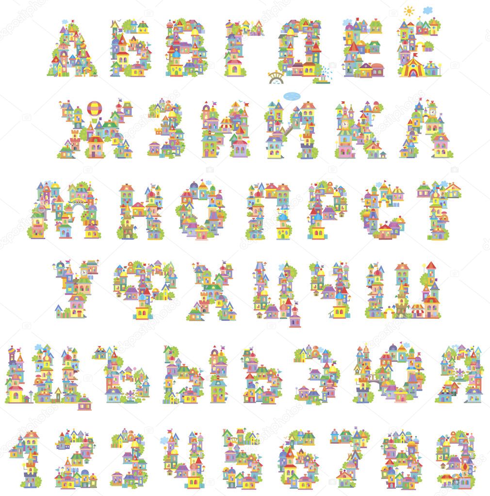 Font Toy Town. Russian alphabet and numerals made of colorful houses