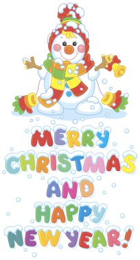 Mutlu Noeller ve mutlu yeni yıl. Komik kardan adam dostu gülümseyen renkli tebrik kartı