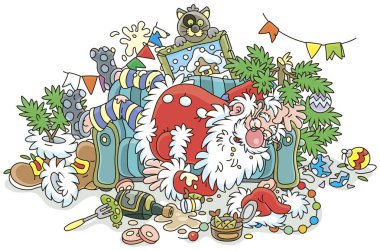 Santa Claus after the New Years feast is slightly drunk and asleep on his couch in a scary mess, vector illustration in a cartoon style clipart