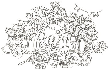Santa Claus after the New Years feast is slightly drunk and asleep on his couch in a scary mess, black and white vector illustration in a cartoon style clipart