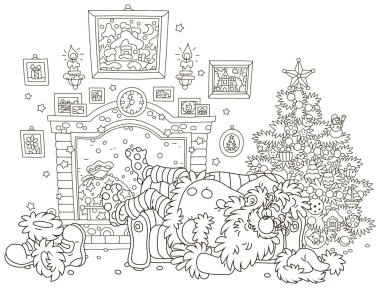 Noelden önceki gece. Noel Baba zor işten sonra bir şekilde dekore edilmiş köknar ağacı ve bir şömine, siyah ve beyaz vektör çizim karikatür tarzı bir boyama kitabı için yakın bir kanepede uyumak