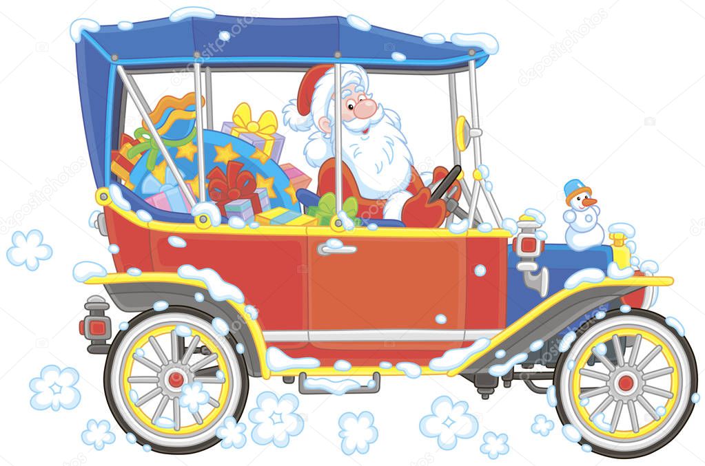 Santa Claus driving his car with Christmas gifts, vector illustration in a cartoon style