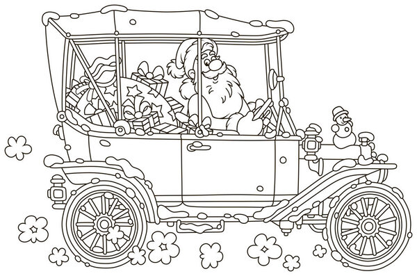 Santa Claus driving his car with Christmas gifts, black and white vector illustration in a cartoon style for a coloring book