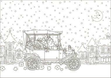 Noel Baba Noel hediyeleri boyunca bir karla kaplı şehir sokak, siyah ve beyaz ile onun araba boyama kitabı için bir karikatür tarzı resimde vektör