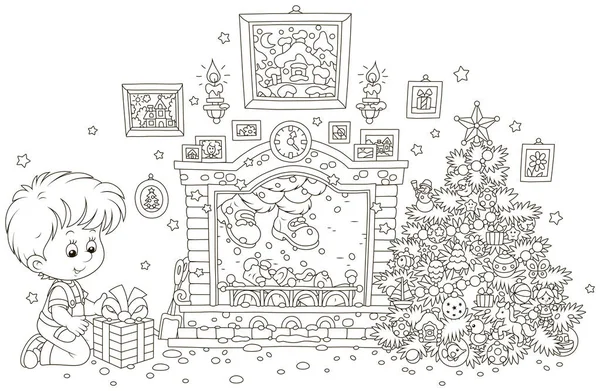 Little Boy His Gift Decorated Christmas Tree Fireplace Santa Who Royalty Free Stock Vectors