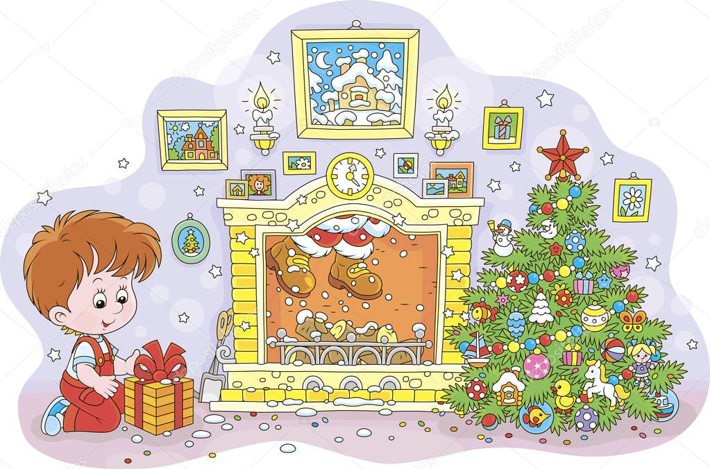 Little boy with his gift near a colorfully decorated Christmas tree, a fireplace and Santa who hid in a chimney, vector illustration in a cartoon style