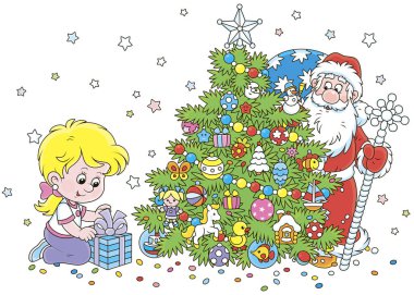 Little girl with her gift and Santa Claus who hiding and peeking out from behind a colorfully decorated Christmas tree, vector illustration in a cartoon style