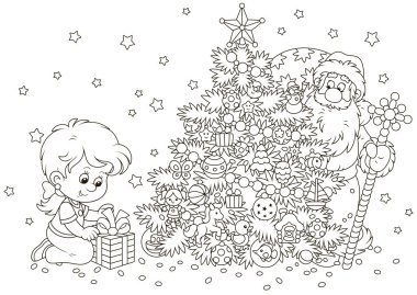 Küçük kız kim gizleme ve dışarı bir şekilde dekore edilmiş Noel ağacın arkasından, siyah ve beyaz bakmak bir karikatür tarzı resimde vektör Hediyelik ve Noel Baba ile
