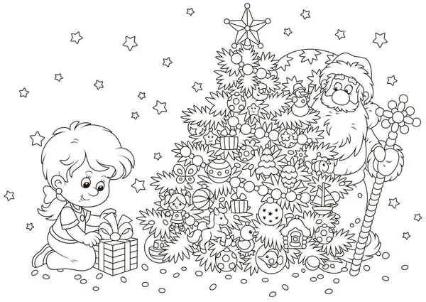 Niña Con Regalo Papá Noel Que Esconde Asoma Detrás Árbol — Vector de stock