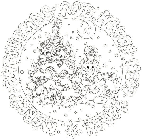 面白い雪だるま 装飾が施されたモミの木を笑顔とレタリング デザイン休日のご挨拶の漫画のスタイルの黒と白のベクトル図とクリスマスと新年のカード — ストックベクタ
