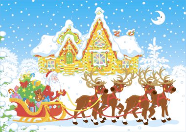 Night before Christmas, Noel Baba Noel büyük bir çanta ile onun kızakta dünyada, vektör çizim karikatür tarzı sihirli yolculuk başlayan reindeers sunar
