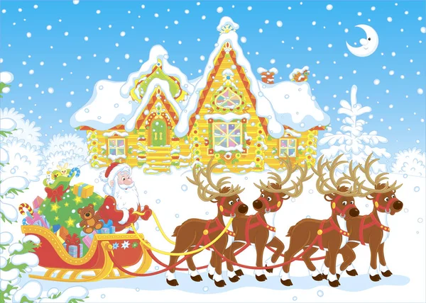 Night before Christmas, Noel Baba Noel büyük bir çanta ile onun kızakta dünyada, vektör çizim karikatür tarzı sihirli yolculuk başlayan reindeers sunar