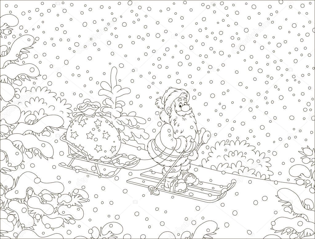 Santa Claus skiing through a snow-covered winter forest and carrying his bag of Christmas gifts on his sledge, black and white vector illustration in a cartoon style