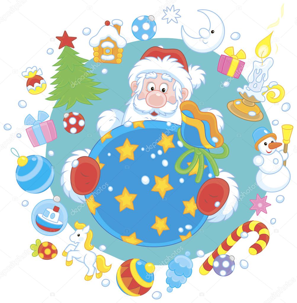 Christmas and New Year card with Santa Claus and his gift bag with colorful toys around, vector illustration in a cartoon style