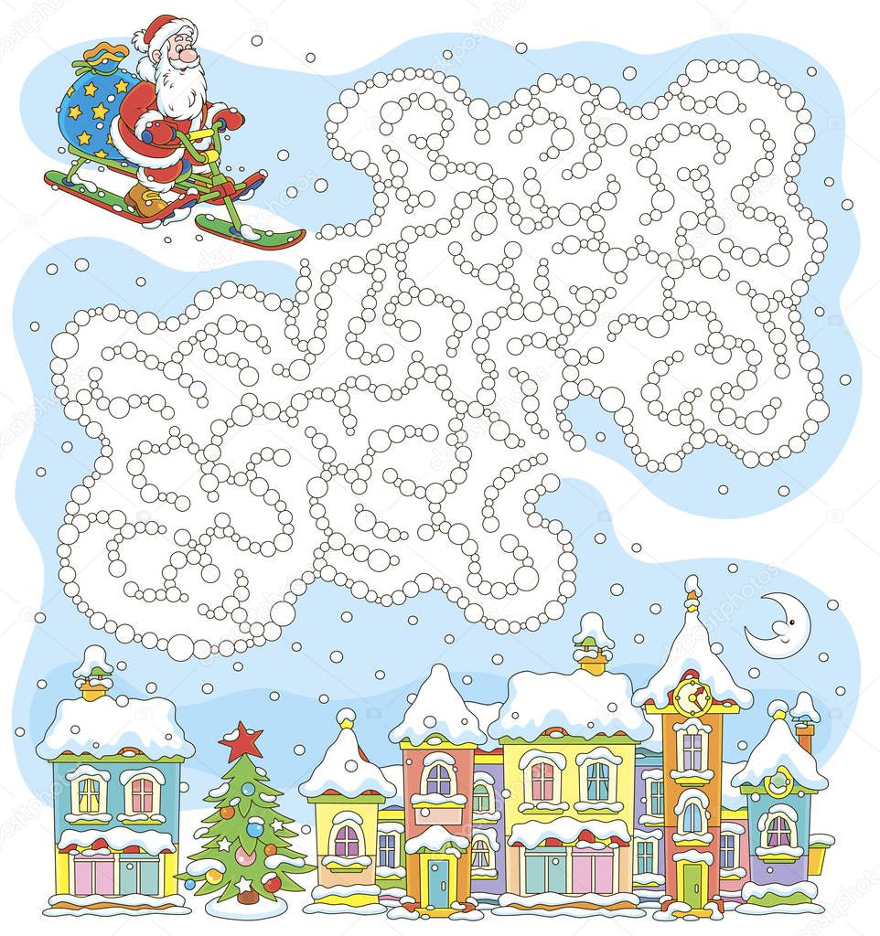 Help Santa Claus with his big bag of gifts find the right way to a small snow-covered town in the night before Christmas. Printable board game for kids.