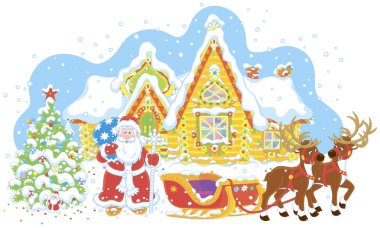Noelden önceki gece. Noel Baba hediye dekore edilmiş bir çam ağacı ve onun kızak sihirli yolculuk dünyanın, vektör çizim önce reindeers ile yakın duran büyük bir çanta ile