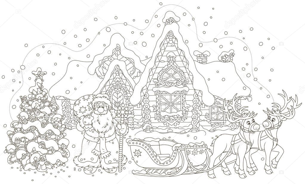 The night before Christmas. Santa Claus with a big bag of gifts standing near a decorated fir-tree and his sleigh with reindeers before the magic journey around the world, vector illustration