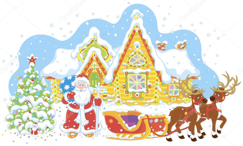 The night before Christmas. Santa Claus with a big bag of gifts standing near a decorated fir-tree and his sleigh with reindeers before the magic journey around the world, vector illustration